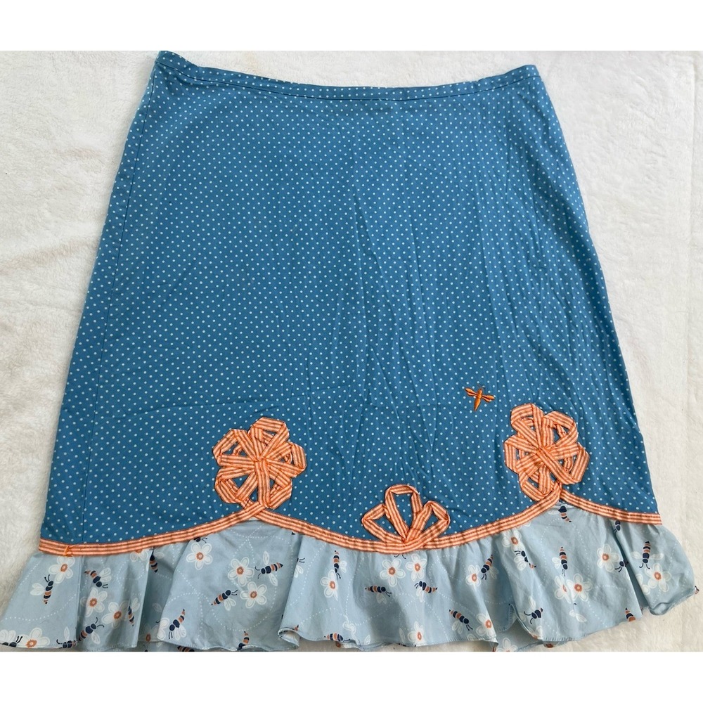 I.E.‎ Relaxed Skirt 12 A-Line Blue Polka Dot Appliqued Flowers Ruffle Hem EC